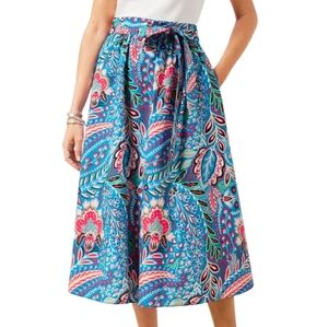 Talbots Paisley Botanical Poplin Fit & Flare Belted Midi Skirl Size  LP NWOT